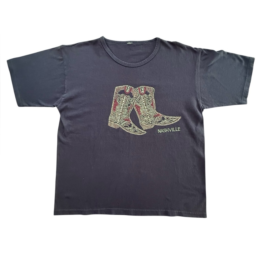 Vintage 90s Rhinestone Nashville Western Cowboy Boot Black T-shirt Size Med